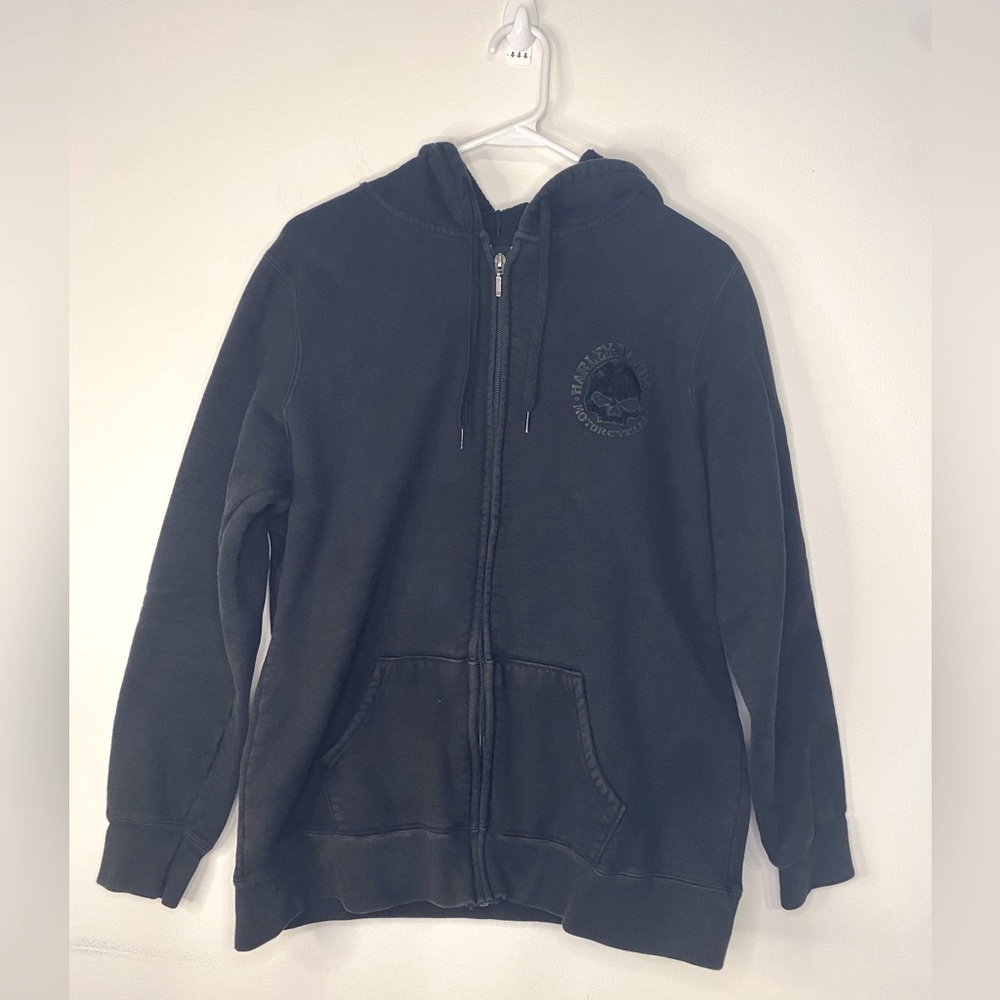 Harley‎ Davidson Zip Up Hooded Sweatshirt Jacket Black Skull Motorcycle Large